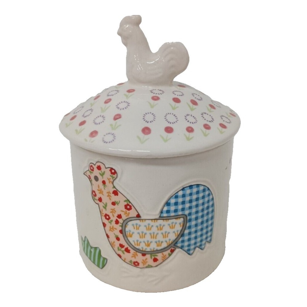 Vintage Enesco Quilted Garden Patch Rooster Sugar Bowl Ceramic Farmhouse Country